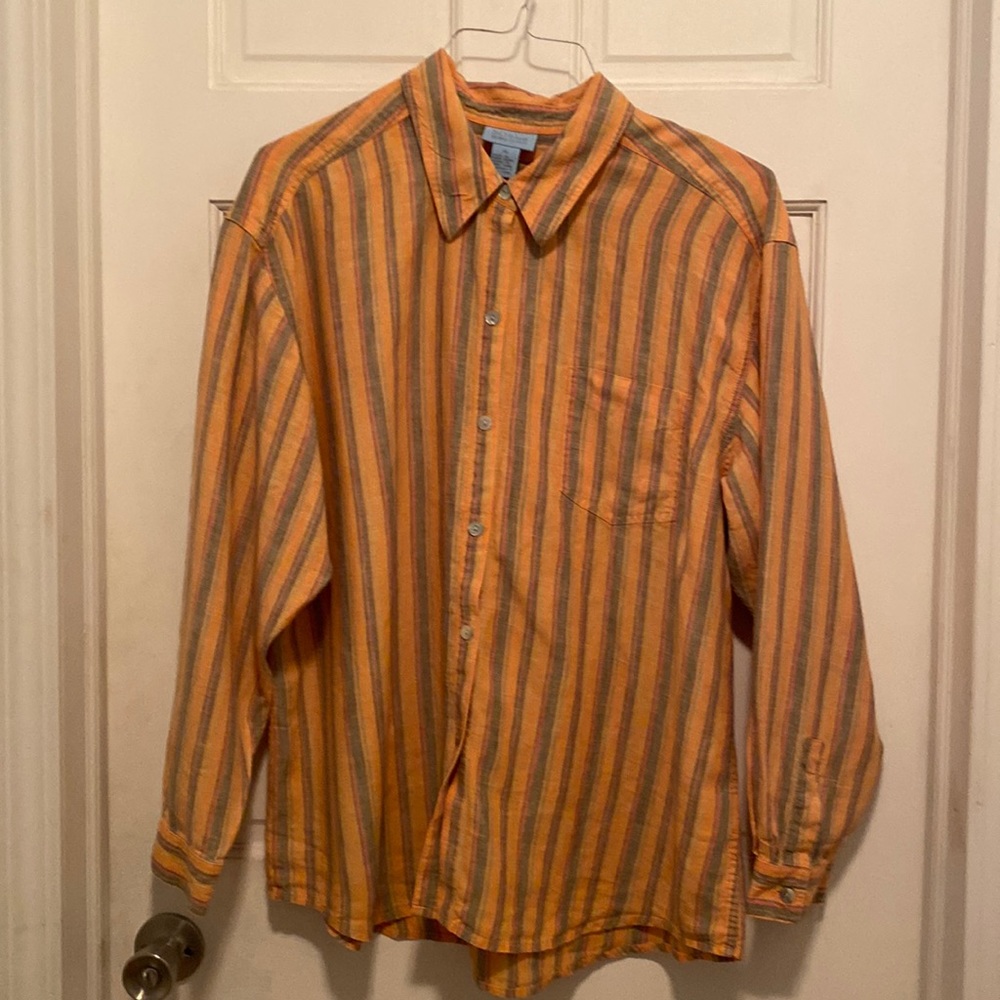 Sigrid Olsen 100% Linen Orange/Green Stripe Button Up Oversize Long Sleeve Sz XL
